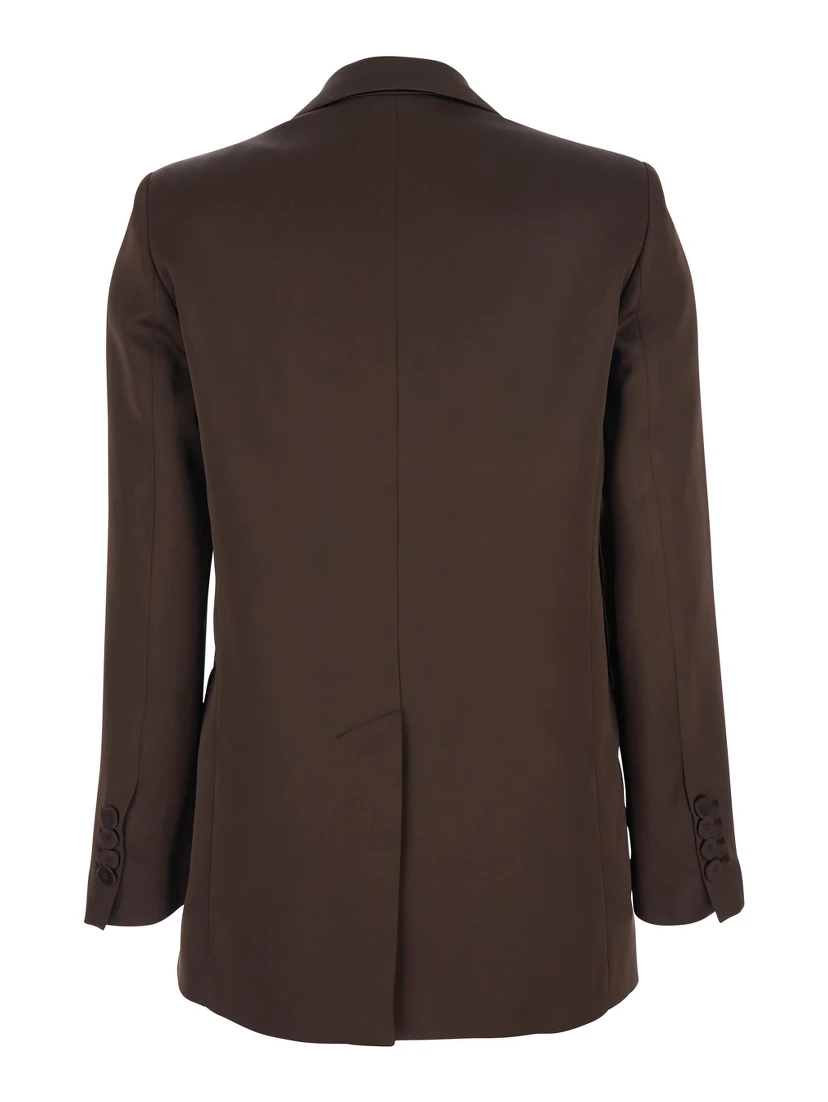 Brown Double-Breasted Jacket with Peak Lapels in Satin Woman