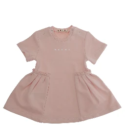 Pink Crewneck Dress with Logo Lettering on the Front and Puffed Skirt in Cotton Baby