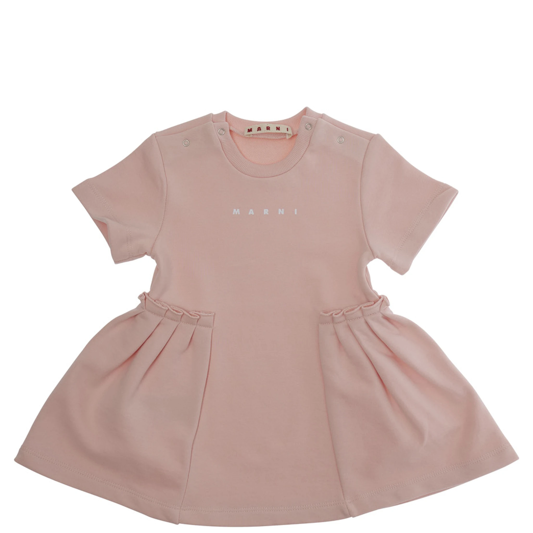 Pink Crewneck Dress with Logo Lettering on the Front and Puffed Skirt in Cotton Baby