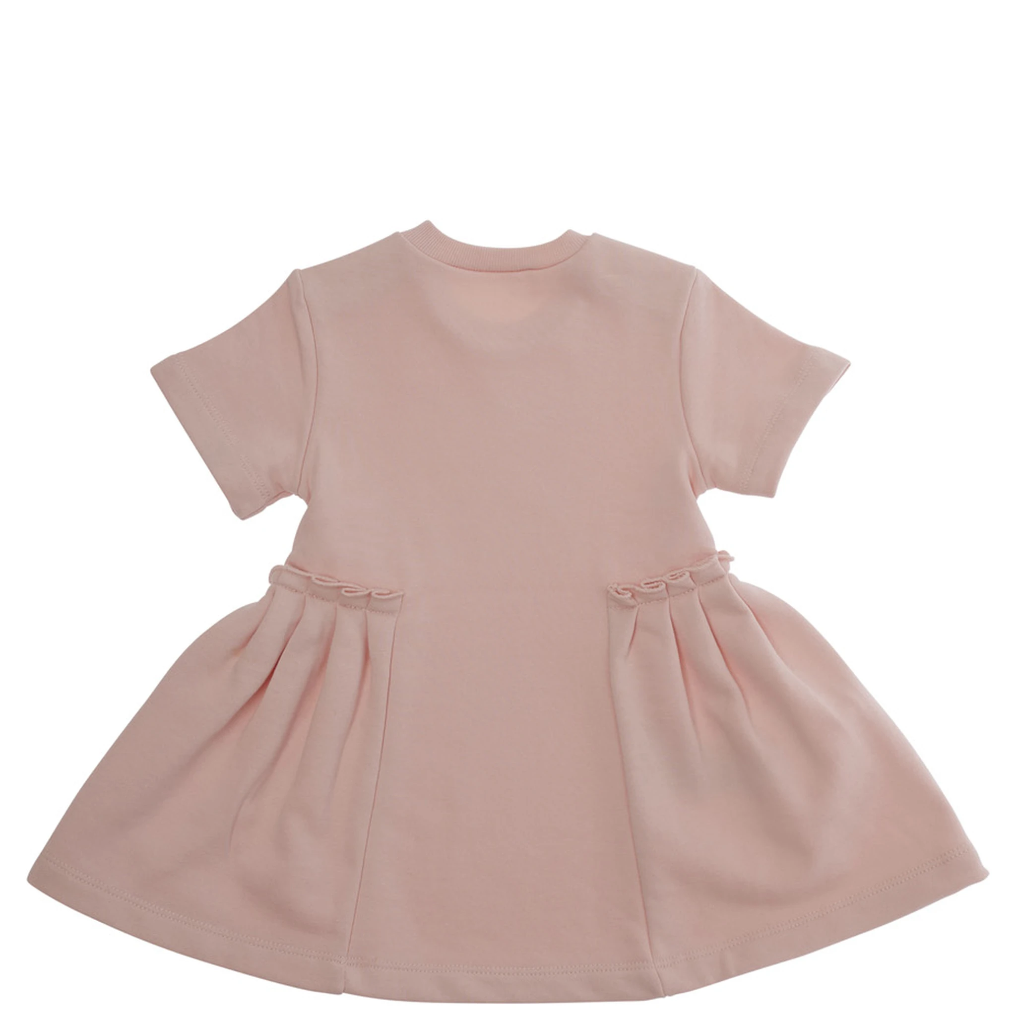 Pink Crewneck Dress with Logo Lettering on the Front and Puffed Skirt in Cotton Baby