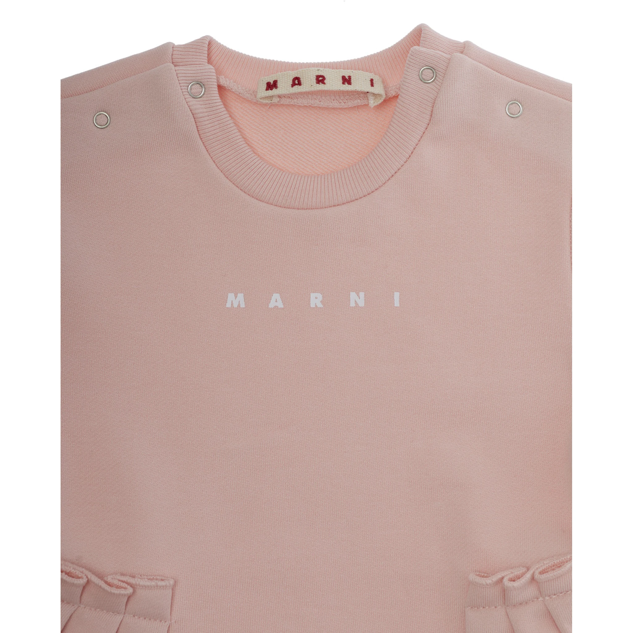 Pink Crewneck Dress with Logo Lettering on the Front and Puffed Skirt in Cotton Baby