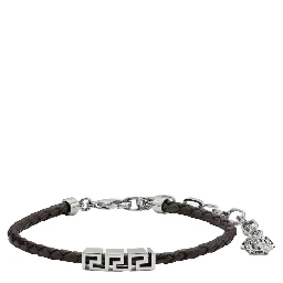 Black Bracelet with Metal Plate and Pendant Detail in Leather Man