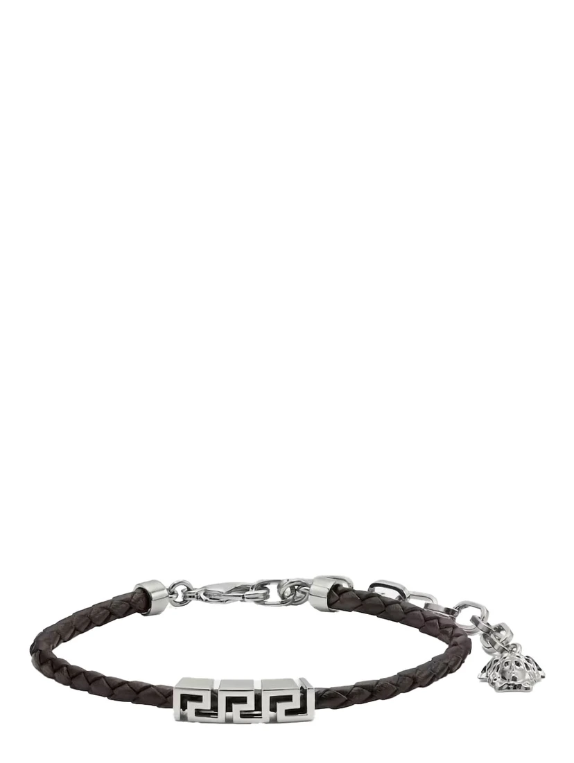 Black Bracelet with Metal Plate and Pendant Detail in Leather Man