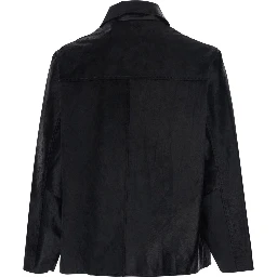 Black Jacket with Wide Collar and Dropped Shoulders in Cavallino Leather Man