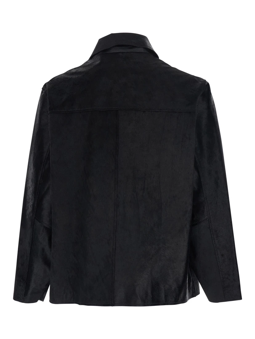 Black Jacket with Wide Collar and Dropped Shoulders in Cavallino Leather Man