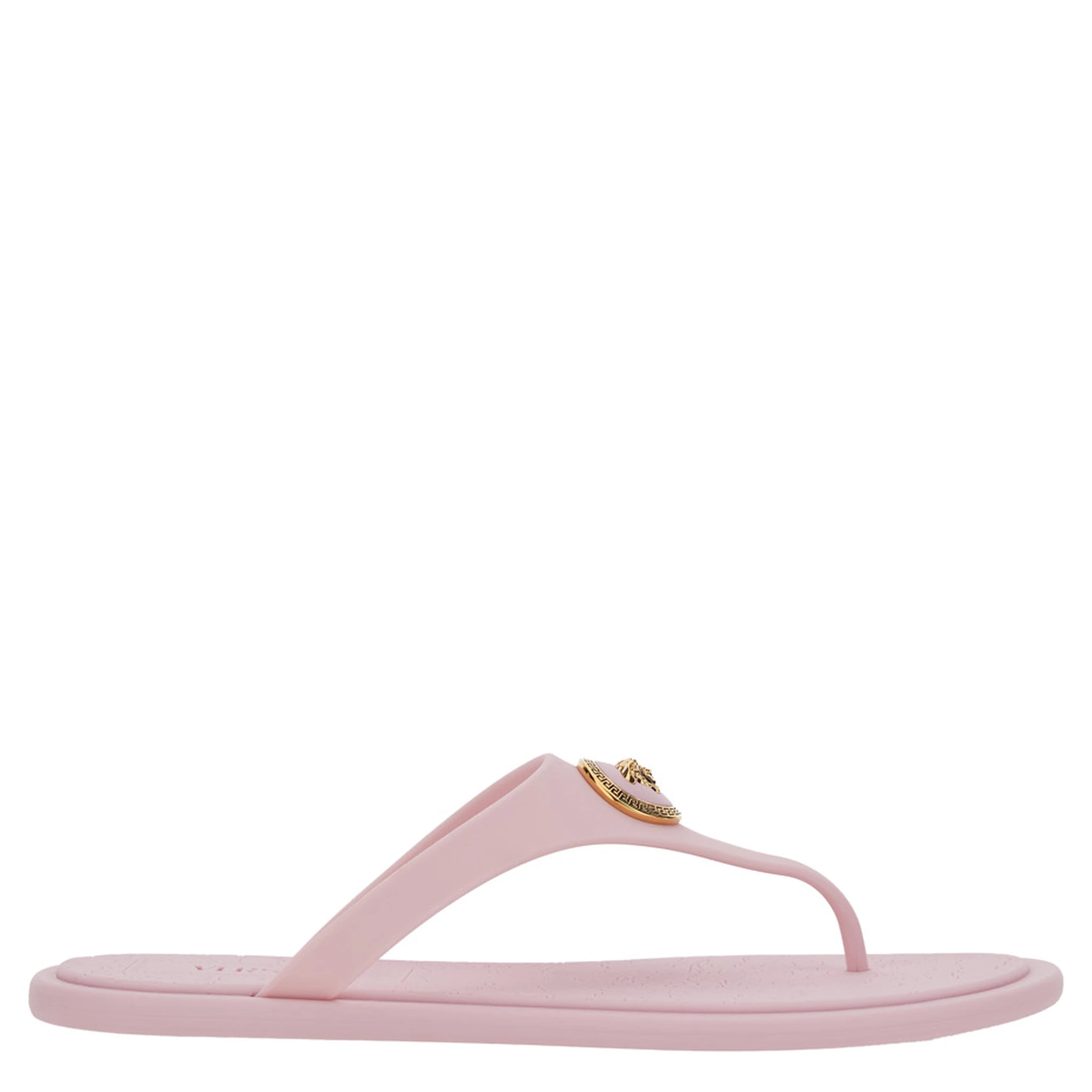 Gianni Ribbon Pink Sandals with Metallic Medusa Head on the Front in Rubber Woman