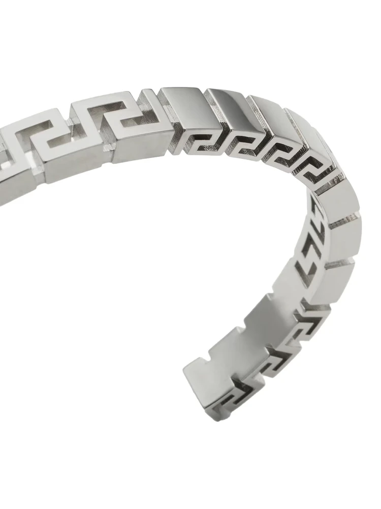 Silver-Colored Bracelet with Greek Motif and Logo Lettering Debossed in Brass Man alternative