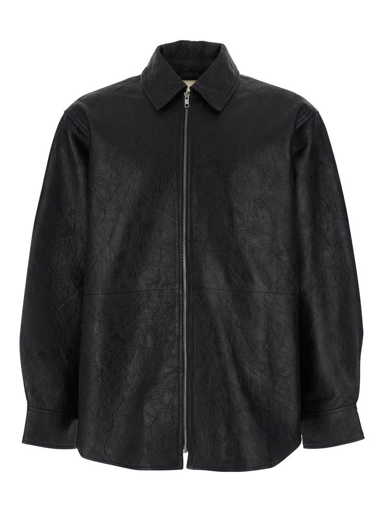 Black Jacket with Classic Collar and Crinkled Effect in Leather Man