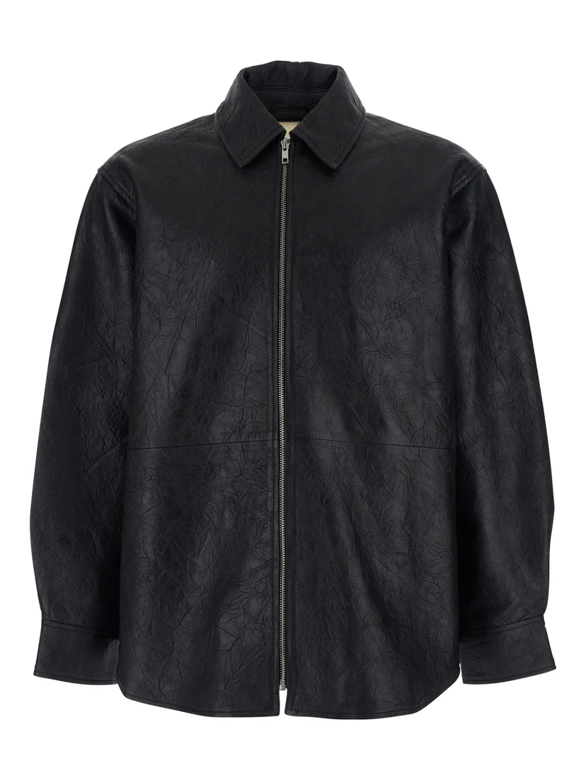 Black Jacket with Classic Collar and Crinkled Effect in Leather Man