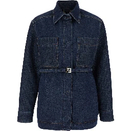 Blue Jacket with Pointed Collar and Waist Belt with FF Plaque in Denim Woman
