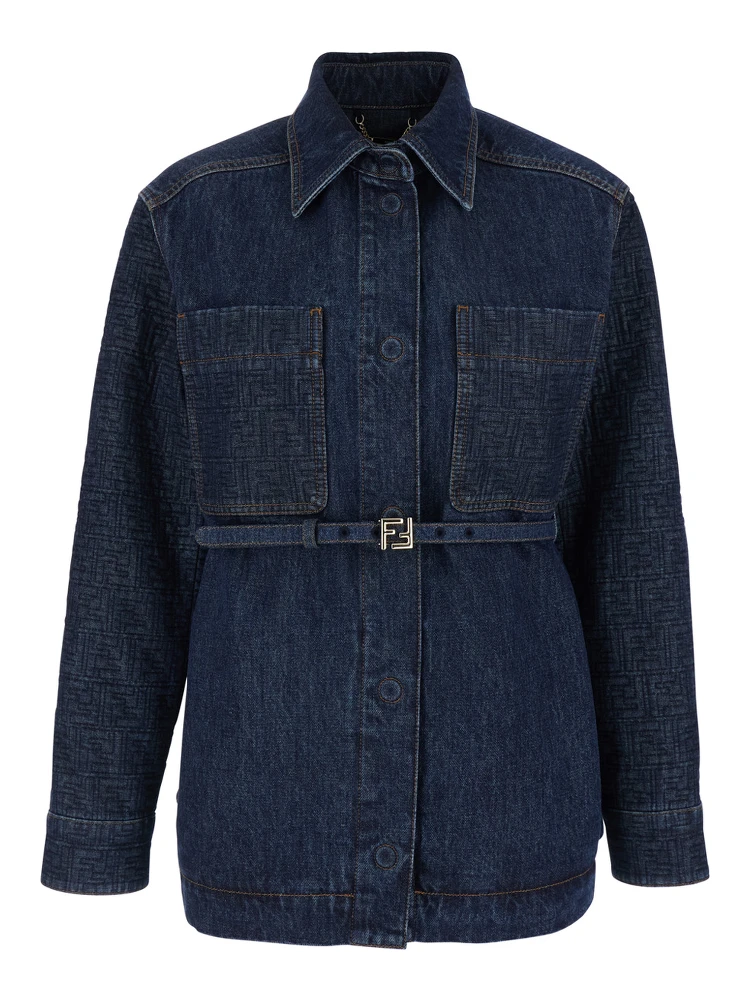 Blue Jacket with Pointed Collar and Waist Belt with FF Plaque in Denim Woman