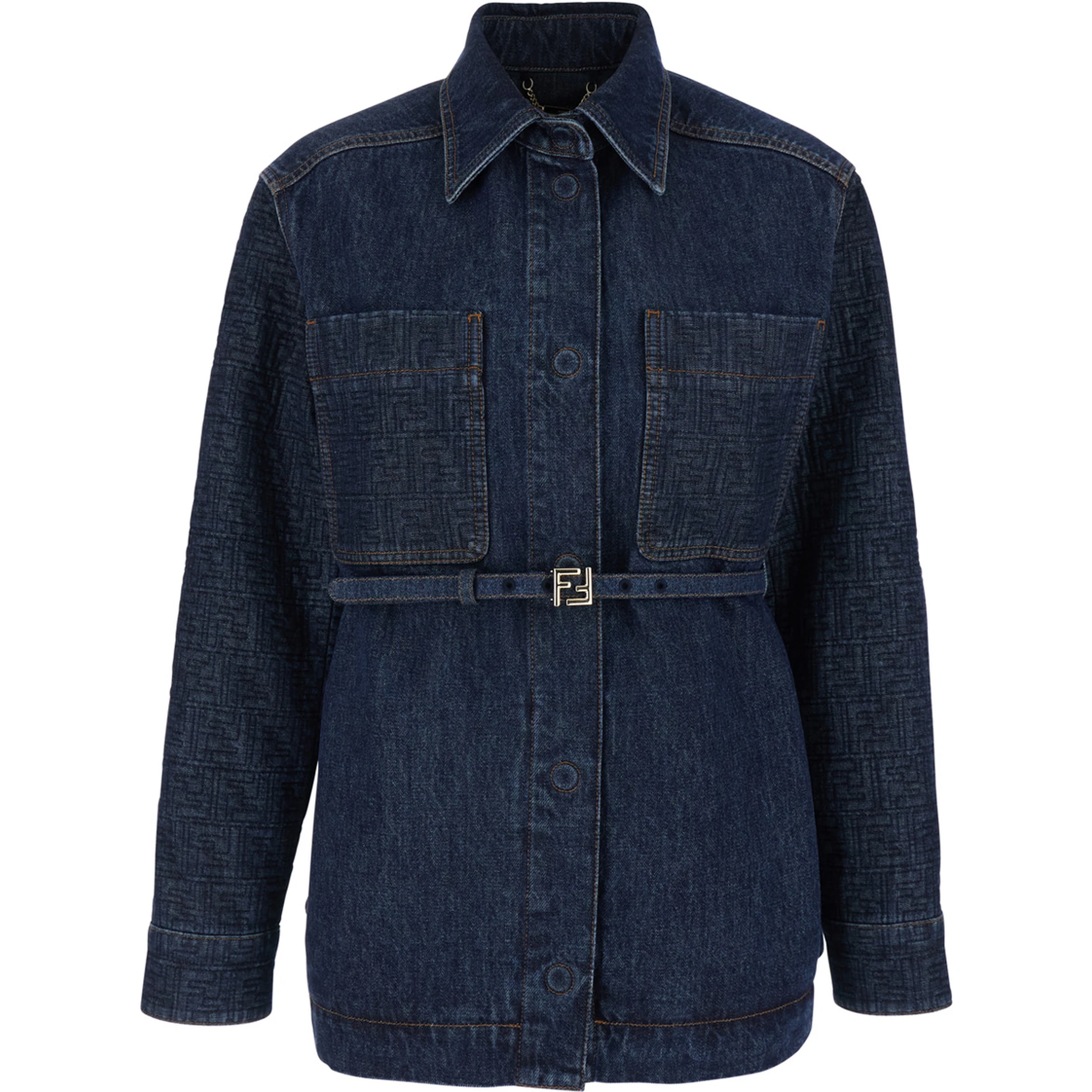 Blue Jacket with Pointed Collar and Waist Belt with FF Plaque in Denim Woman