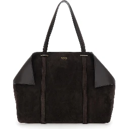 Brown Tote Bag with Folded Angles and Embossed Logo Lettering on the Front in Suede Woman