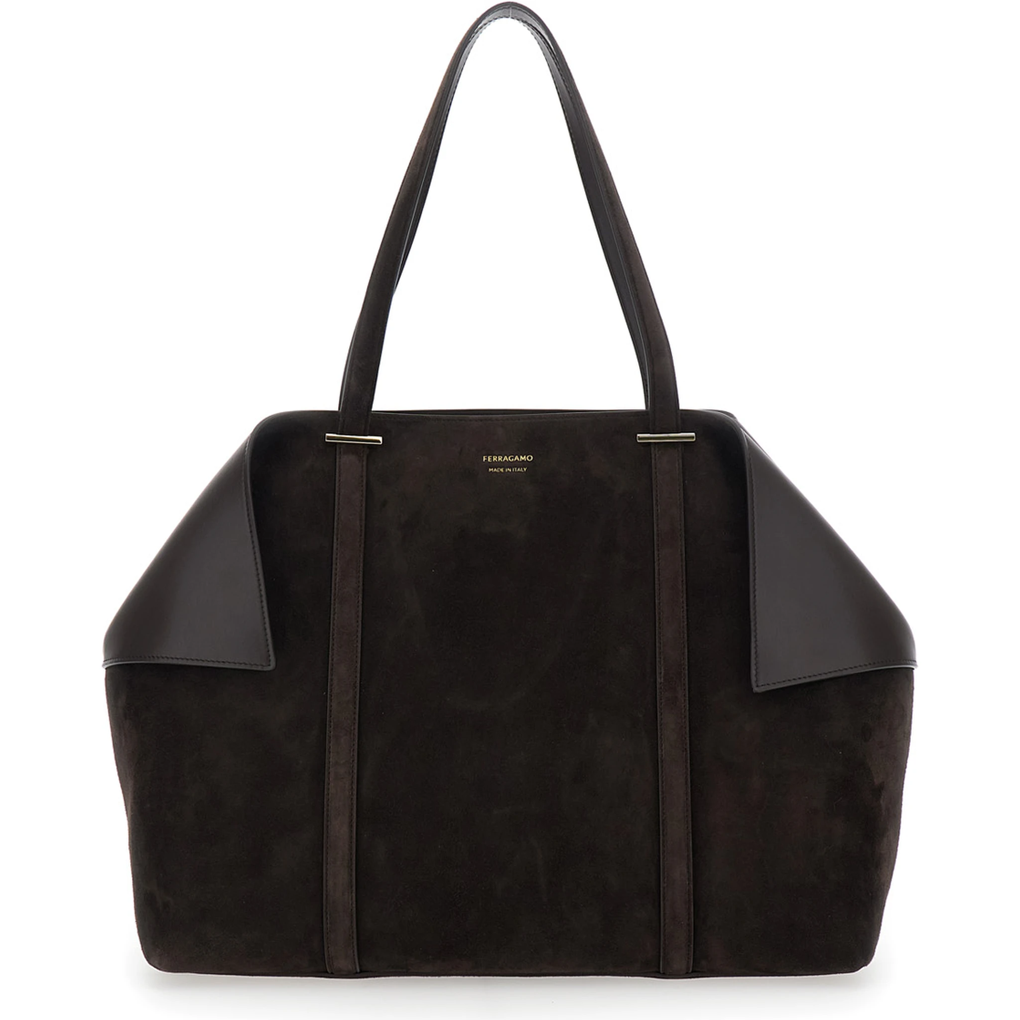 Brown Tote Bag with Folded Angles and Embossed Logo Lettering on the Front in Suede Woman