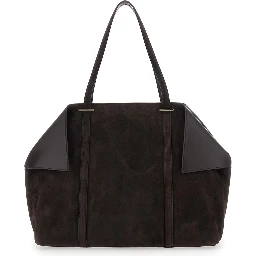 Brown Tote Bag with Folded Angles and Embossed Logo Lettering on the Front in Suede Woman