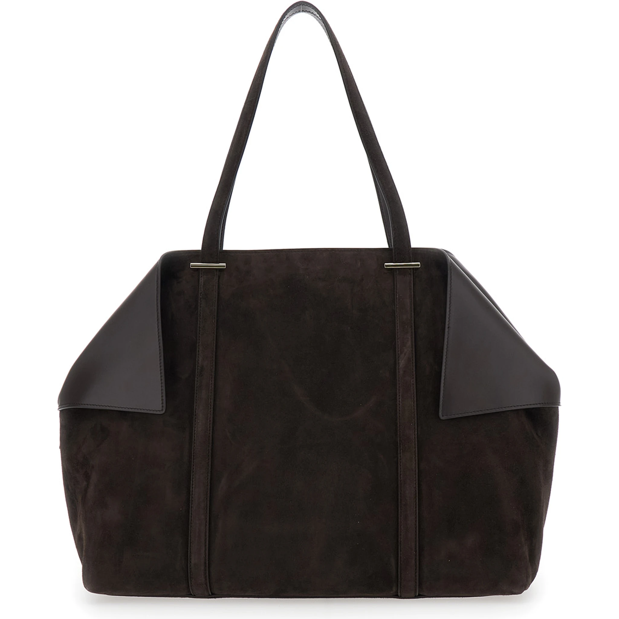 Brown Tote Bag with Folded Angles and Embossed Logo Lettering on the Front in Suede Woman