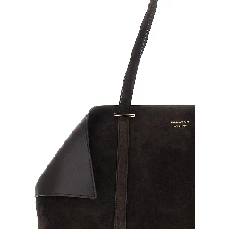 Brown Tote Bag with Folded Angles and Embossed Logo Lettering on the Front in Suede Woman