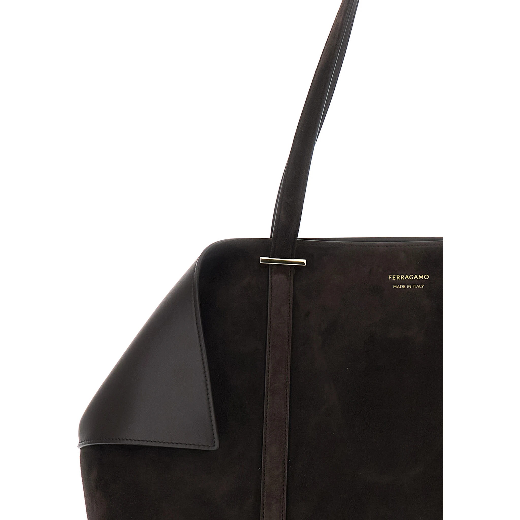 Brown Tote Bag with Folded Angles and Embossed Logo Lettering on the Front in Suede Woman