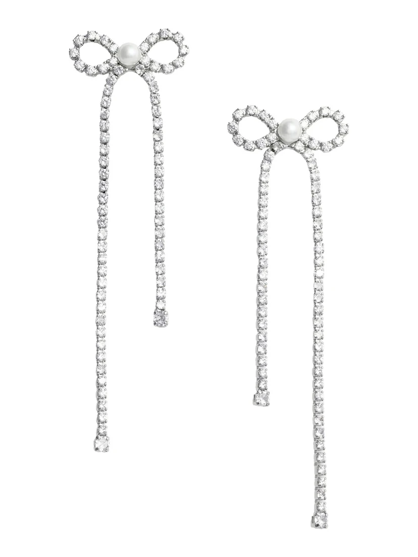 Silver Colored Pendant Earings with Bow Detail and all-Over Crystal Embellishments in Copper Woman