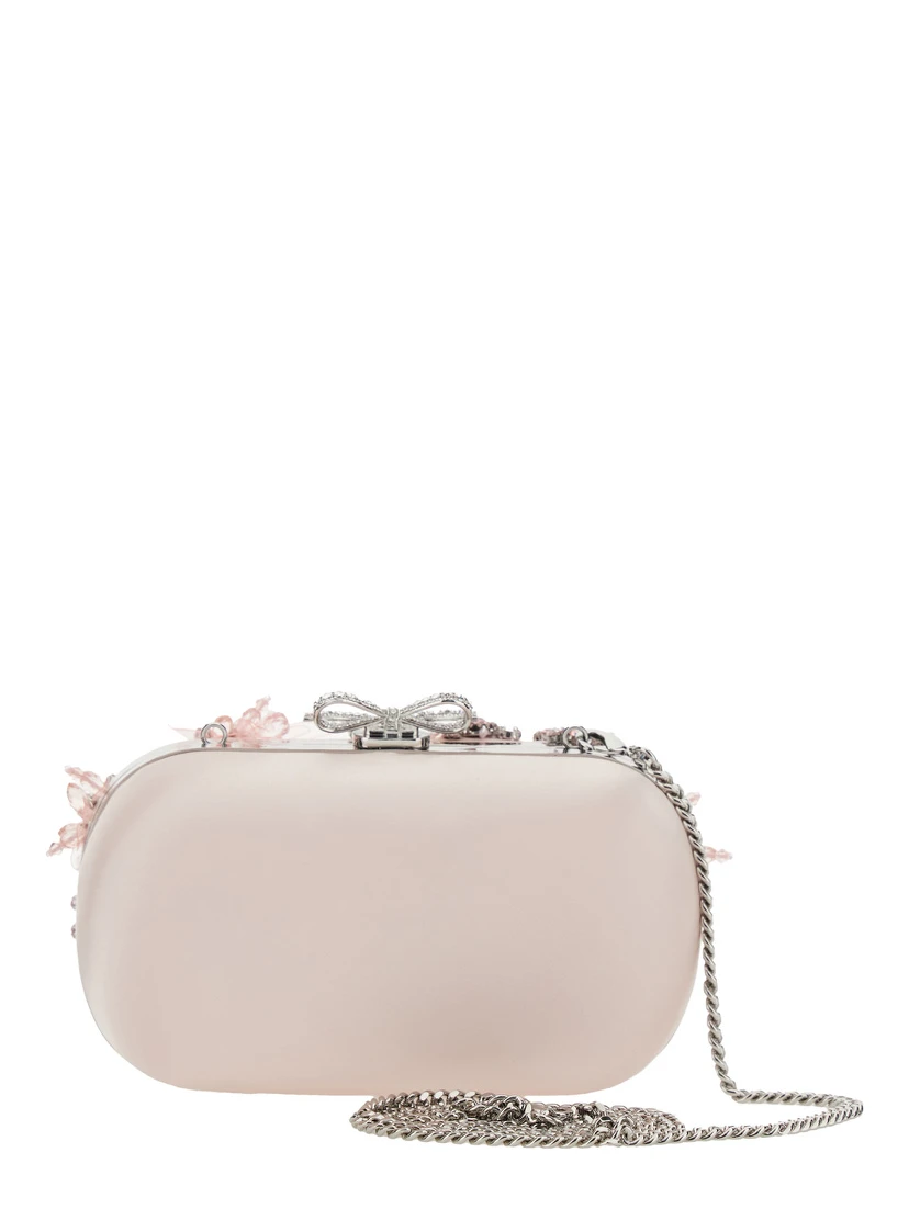 Pink Clutch Bag with Floral Embellishment and Bow Detail in Tech Fabric and Metal Woman