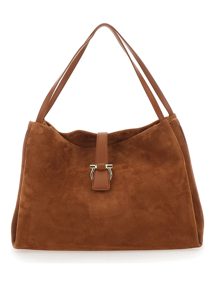 Brown Shoulder Bag with Two Top Handles and Gancini Plaque on the Front in Suede Woman