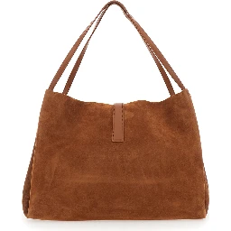 Brown Shoulder Bag with Two Top Handles and Gancini Plaque on the Front in Suede Woman