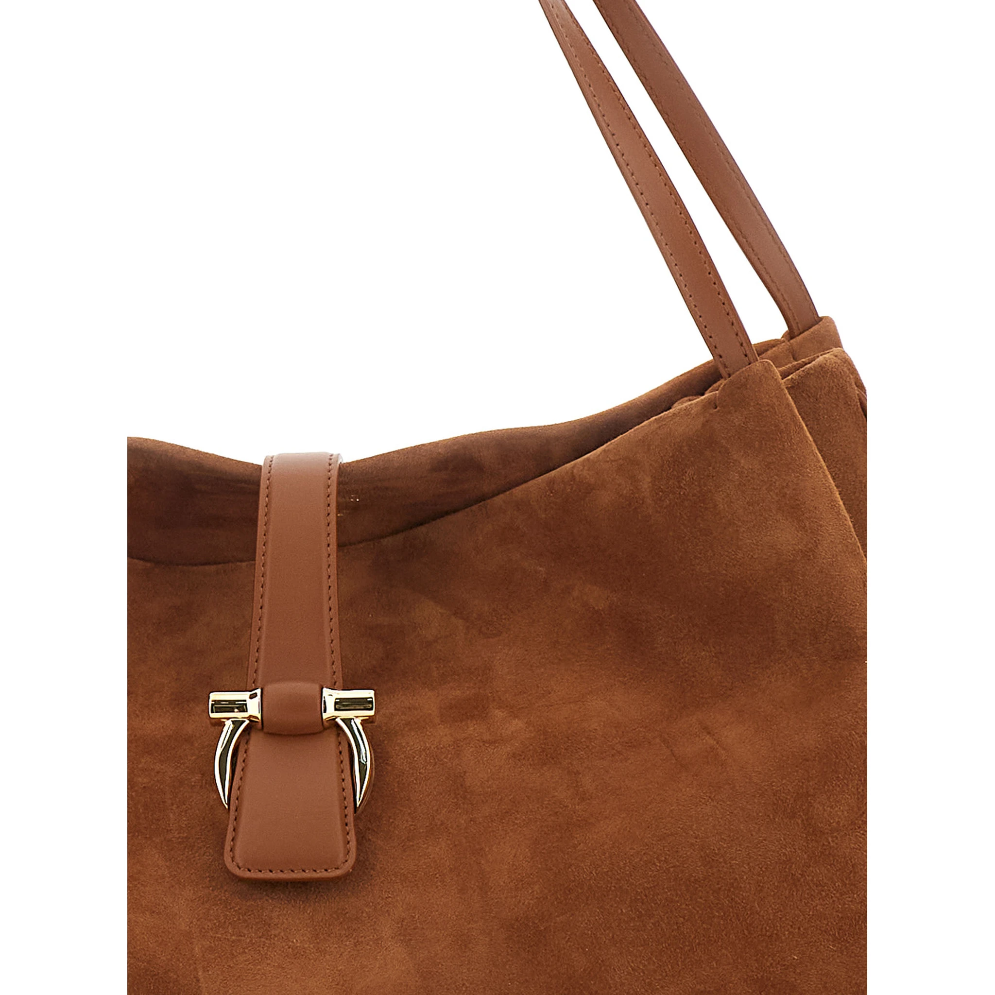 Brown Shoulder Bag with Two Top Handles and Gancini Plaque on the Front in Suede Woman