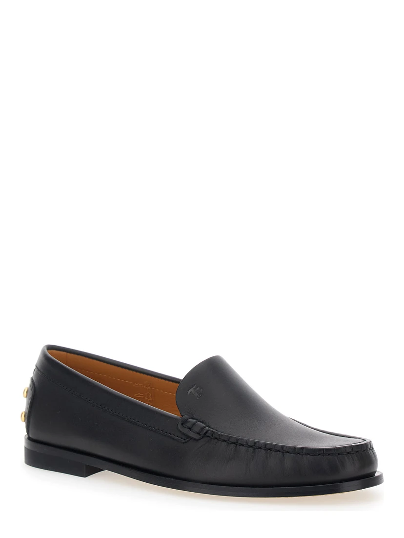 Black Loafers with Embossed Logo and Stud Details on the Back in Leather Woman