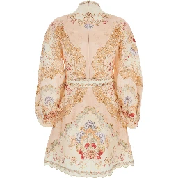 Daylight Multicolor Midi Dress with Long Puffed Sleeves and All-Over Floral Print in Linen Woman