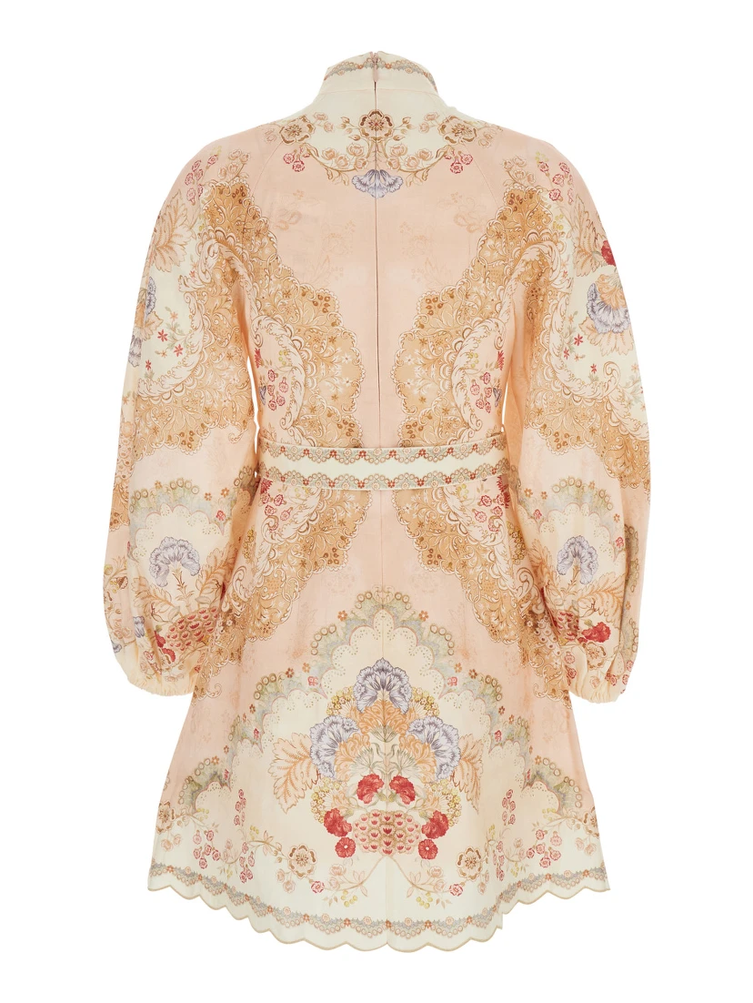 Daylight Multicolor Midi Dress with Long Puffed Sleeves and All-Over Floral Print in Linen Woman