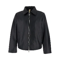 Black Crop Jacket with Classic Collar and Dropped Shoulders in Leather Man