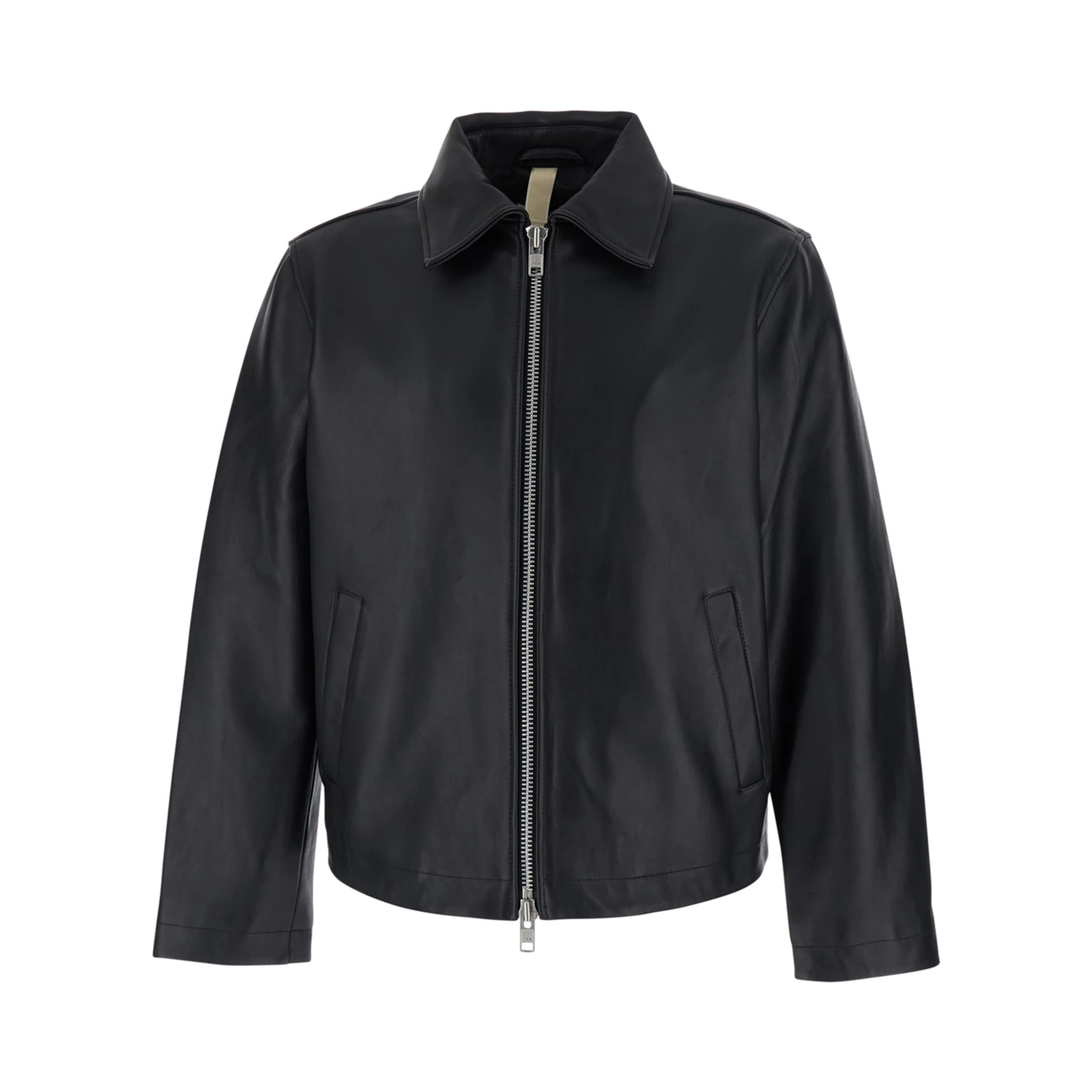 Black Crop Jacket with Classic Collar and Dropped Shoulders in Leather Man
