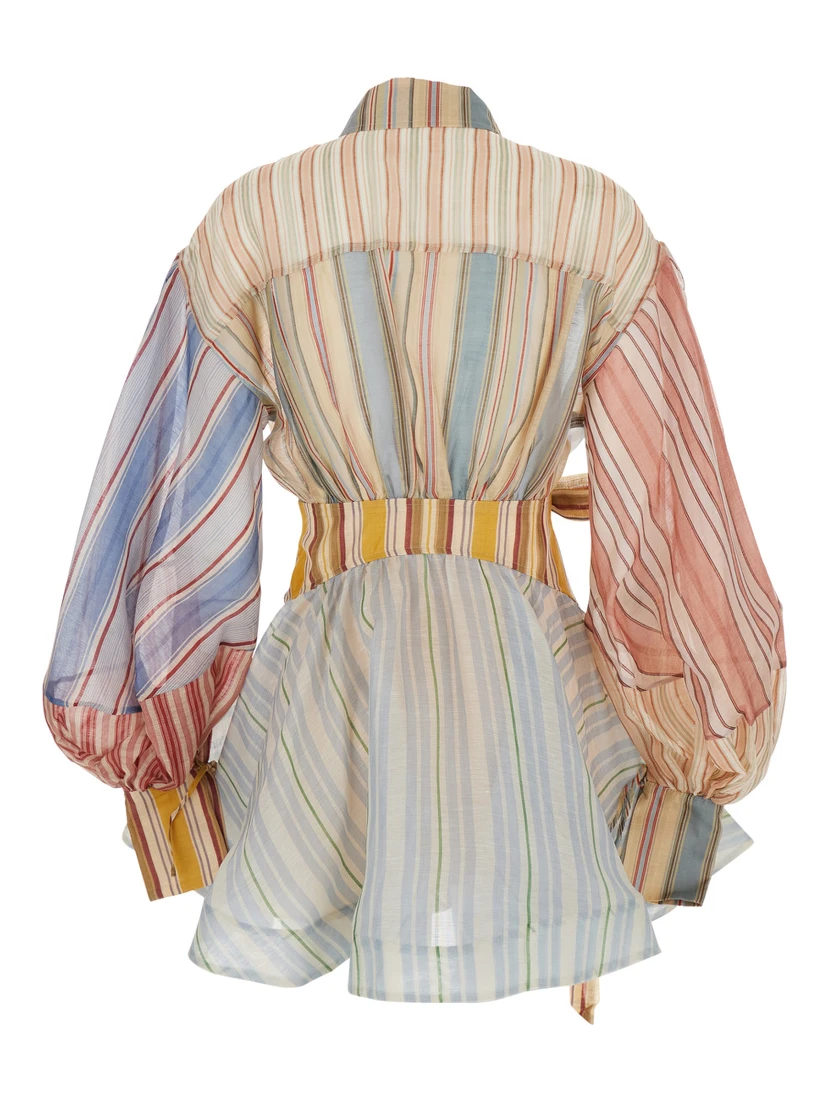 Rebellion Multicolor Midi Dress with Bow Detail on the Front and All-Over Striped Motif in Linen and Silk Blend Woman