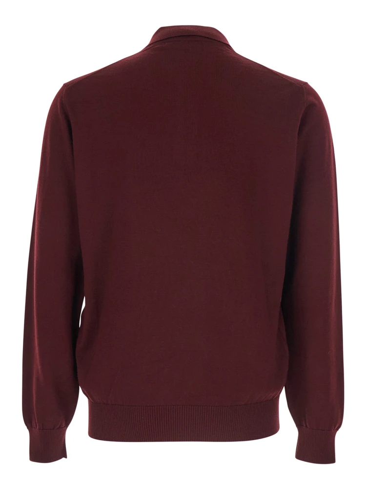 Bordeaux Long-Sleeve Polo Shirt with Classic Collar and FF Plaque on the Front in Wool Man alternative