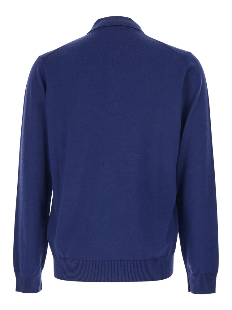 Blue Long-Sleeve Polo Shirt with Classic Collar and FF Plaque on the Front in Wool Man alternative