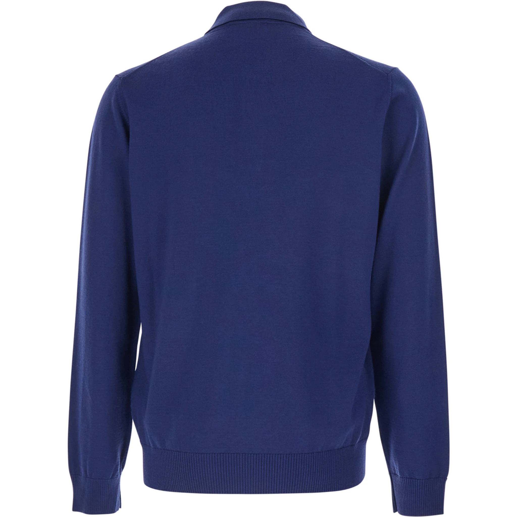 Blue Long-Sleeve Polo Shirt with Classic Collar and FF Plaque on the Front in Wool Man
