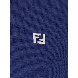 Blue Long-Sleeve Polo Shirt with Classic Collar and FF Plaque on the Front in Wool Man