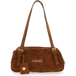 Tag Bowling Brown Shoulder Bag with Metallic Logo Lettering and Medusa Head Pendant in Suede Woman