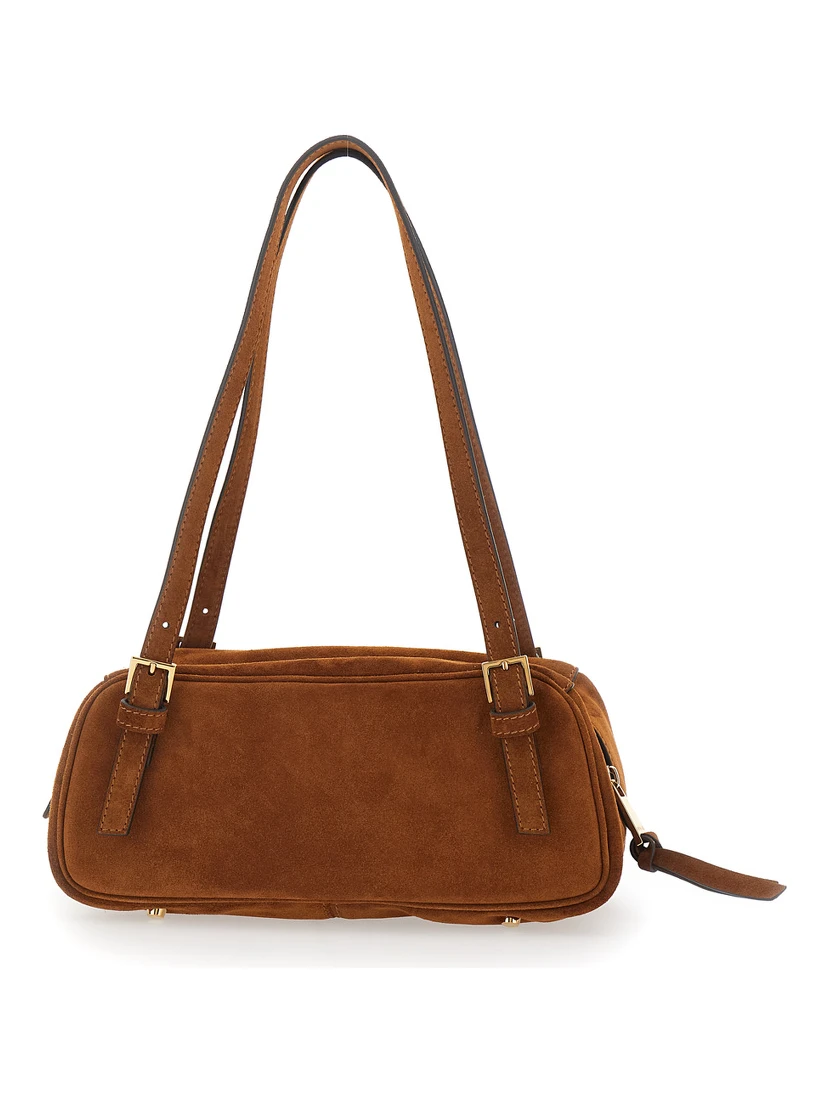 Tag Bowling Brown Shoulder Bag with Metallic Logo Lettering and Medusa Head Pendant in Suede Woman
