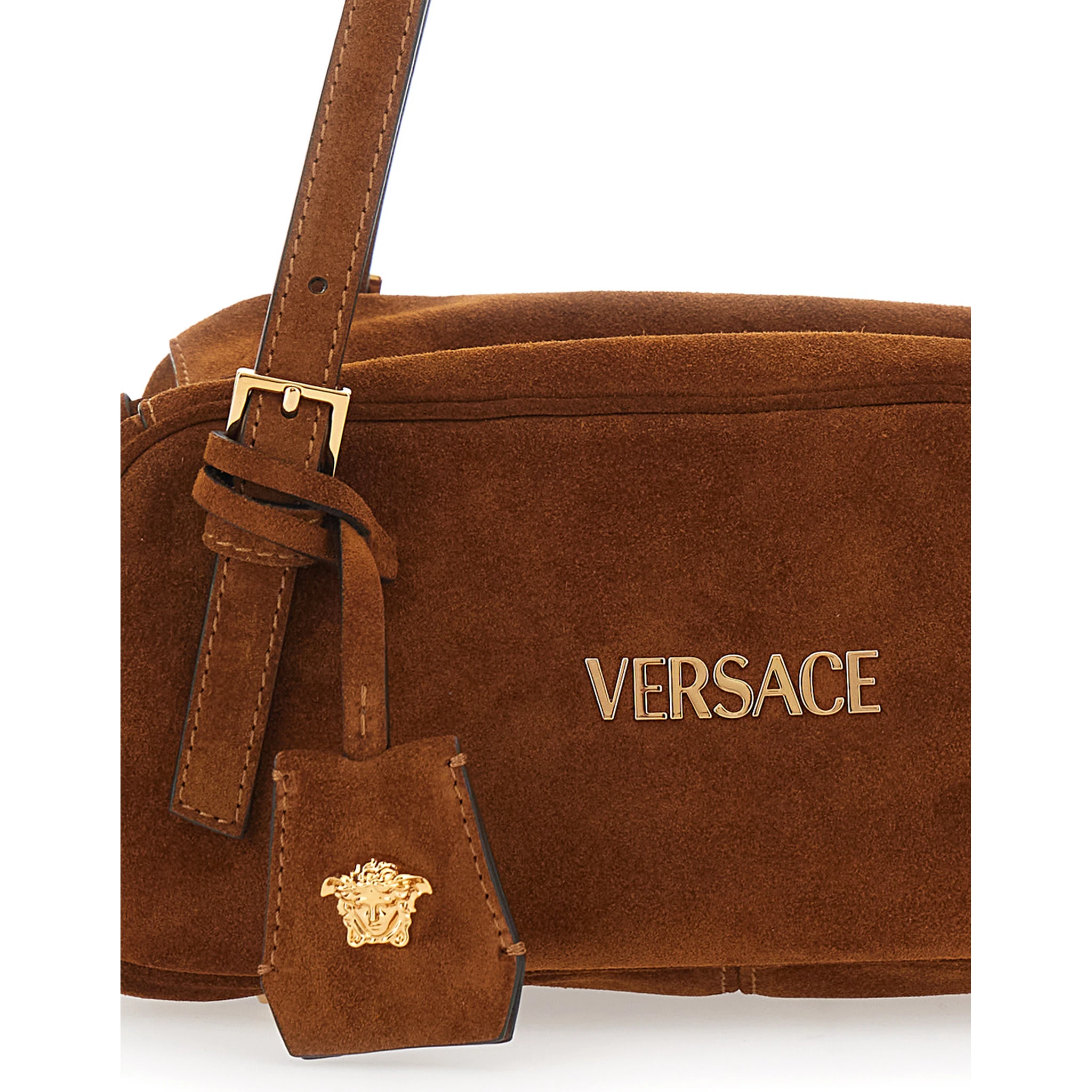 Tag Bowling Brown Shoulder Bag with Metallic Logo Lettering and Medusa Head Pendant in Suede Woman