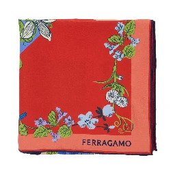 Red Scarf with Floral Print and Logo Lettering in Silk Woman