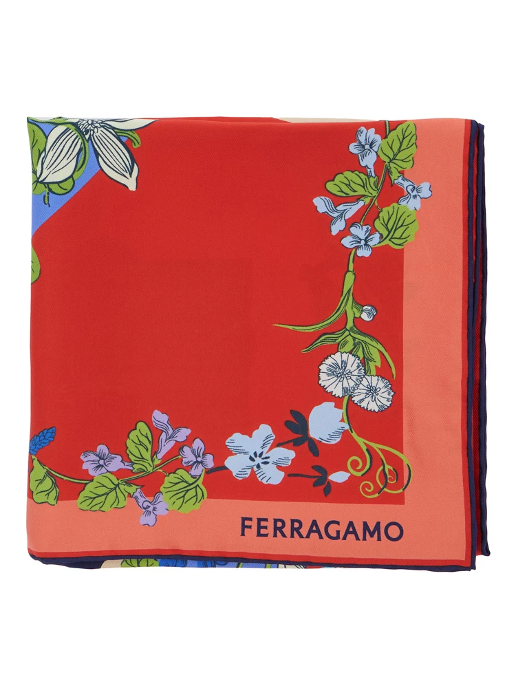 Red Scarf with Floral Print and Logo Lettering in Silk Woman