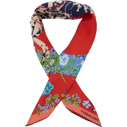 Red Scarf with Floral Print and Logo Lettering in Silk Woman