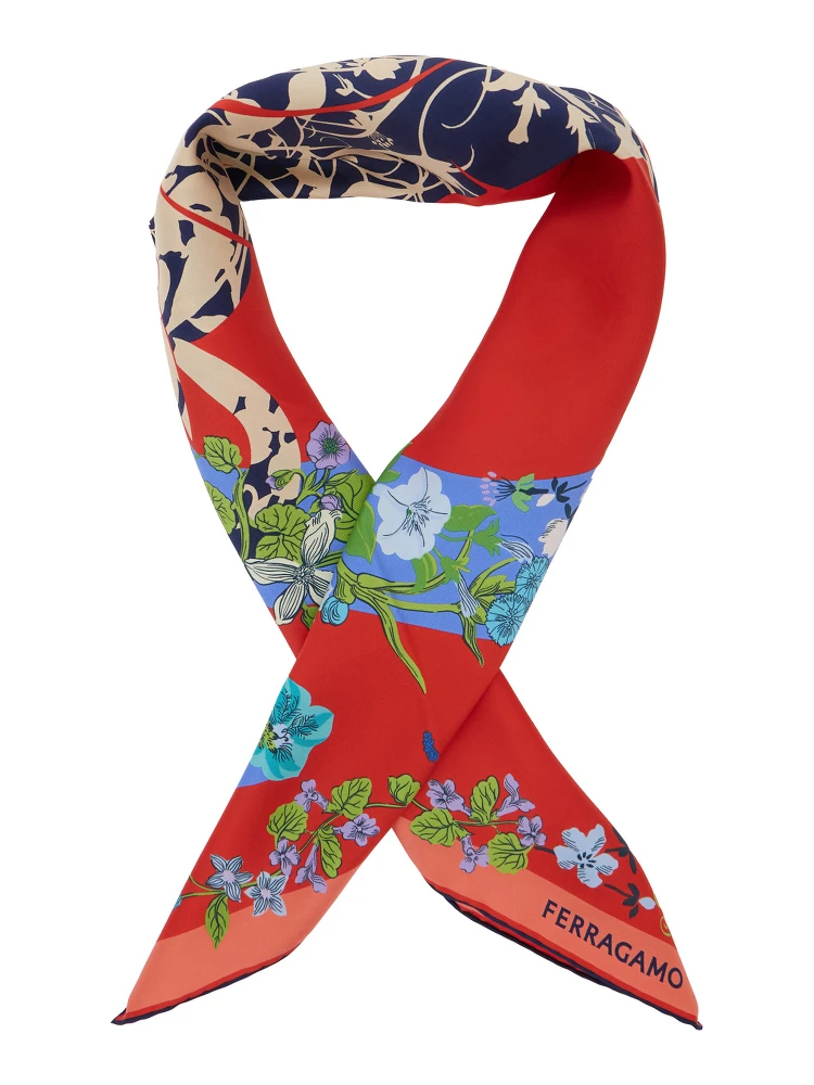 Red Scarf with Floral Print and Logo Lettering in Silk Woman alternative