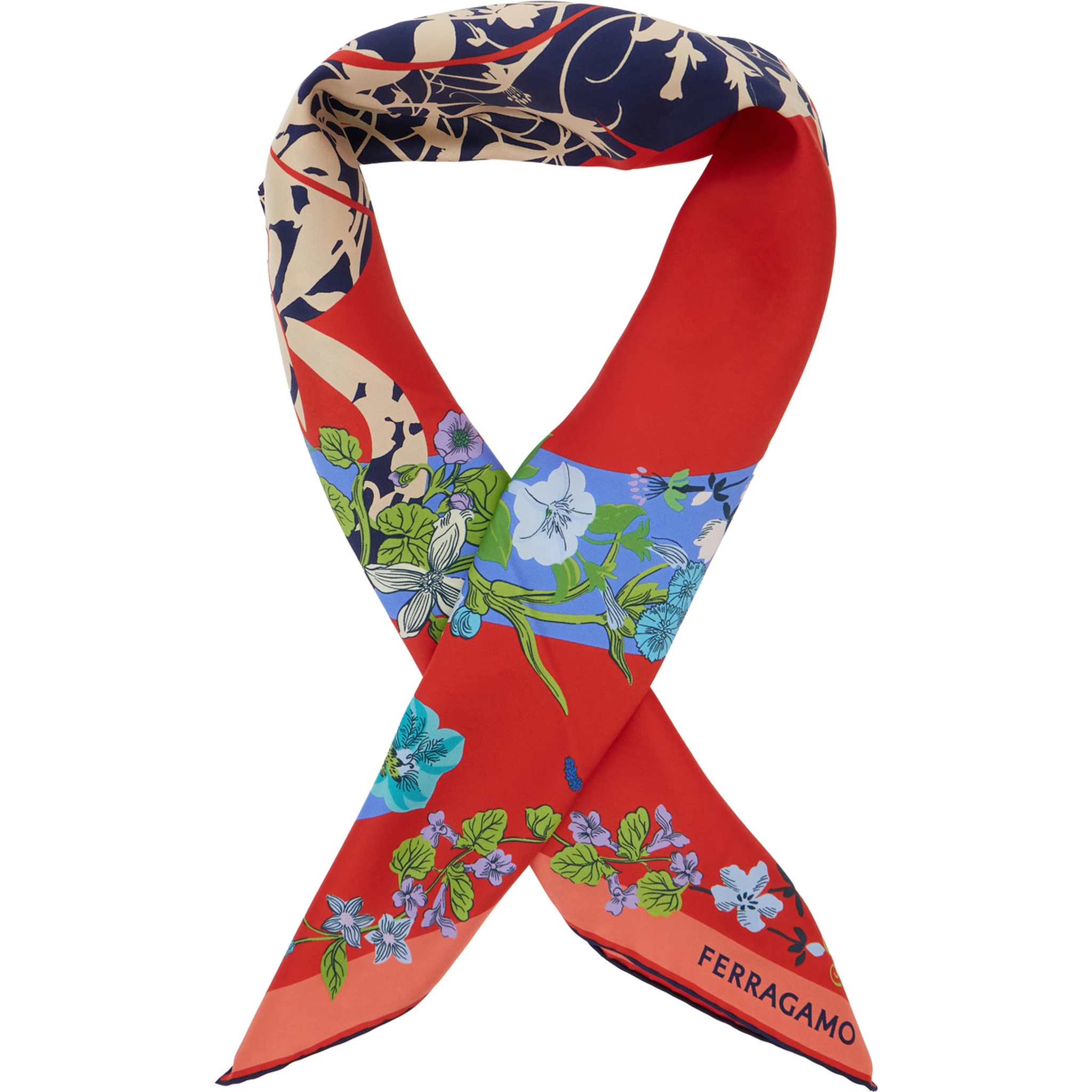 Red Scarf with Floral Print and Logo Lettering in Silk Woman