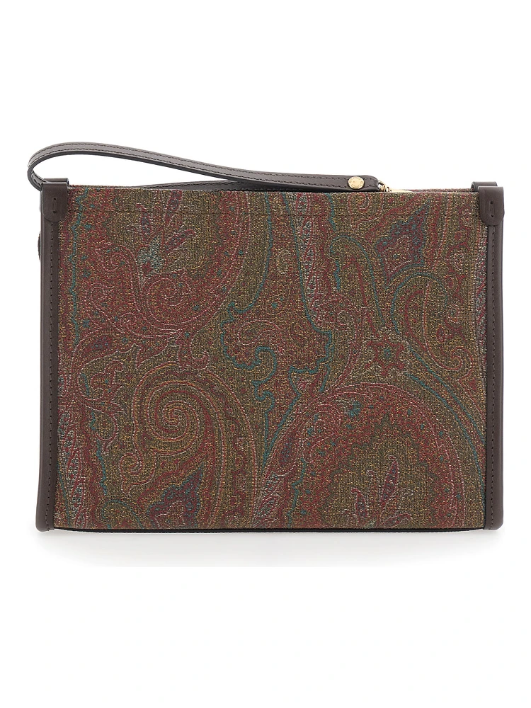 Arnica Brown Clutch with Embroidered Logo on the Front and All-Over Motif in Cotton Blend Woman alternative