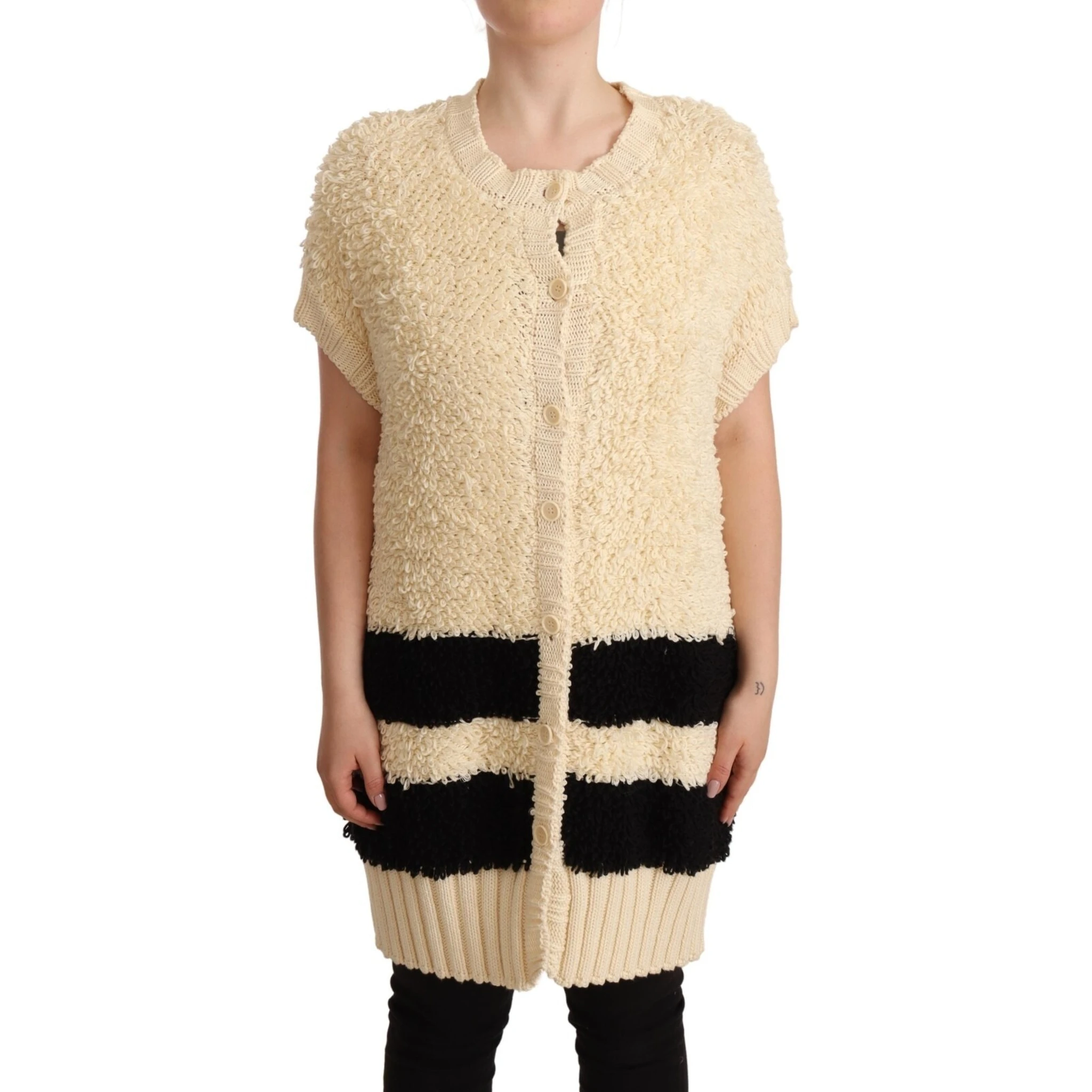Beige Black Short Sleeve Button Cardigan Sweater