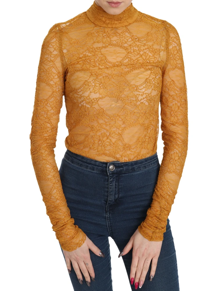 Mustard Turtle Neck Long Sleeve Lace Top Blouse