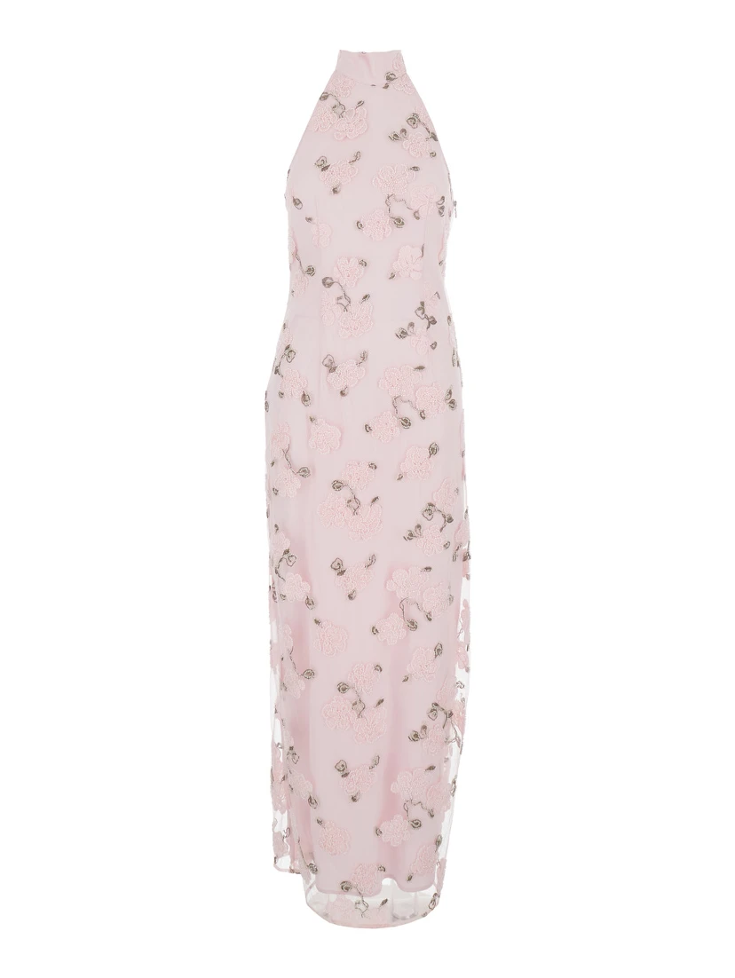 Pink Long Dress with Open Back and Floral Beaded Details in Fabric Woman