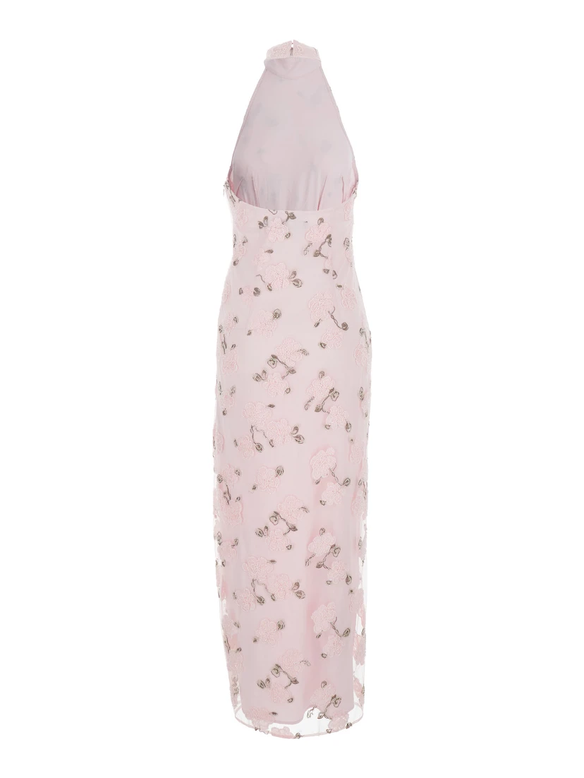 Pink Long Dress with Open Back and Floral Beaded Details in Fabric Woman